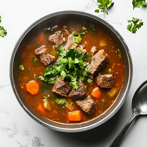 This image shows a warm, hearty bowl of lamb soup, garnished with fresh coriander and ready to be enjoyed, with a slice of bread as the perfect accompaniment for a cozy meal.