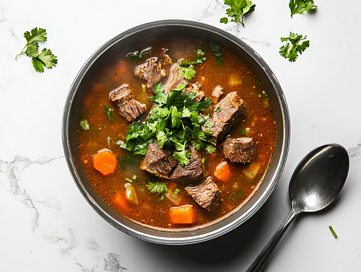 This image shows a warm, hearty bowl of lamb soup, garnished with fresh coriander and ready to be enjoyed, with a slice of bread as the perfect accompaniment for a cozy meal.