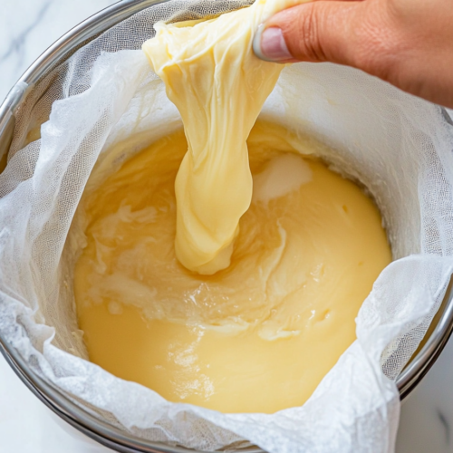 This image shows a jar of smooth, golden cannabutter, freshly made and ready for use in a variety of culinary creations, from baked goods to savory dishes, offering a versatile and potent ingredient.