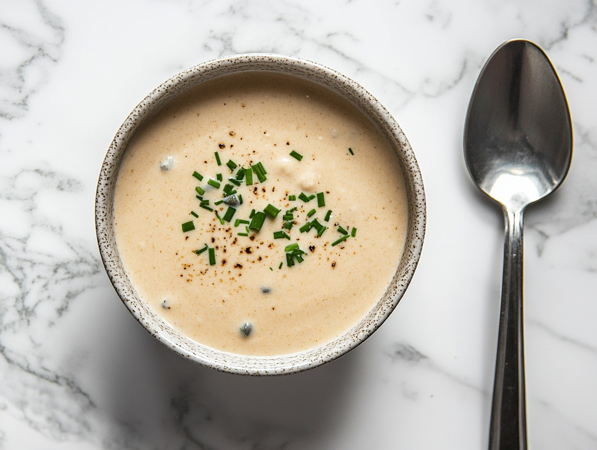 This image shows a rich and creamy crab cake sauce made with mayonnaise, mustard, hot sauce, and spices, served in a small dish next to golden and crispy crab cakes, perfect for enhancing the seafood flavors.