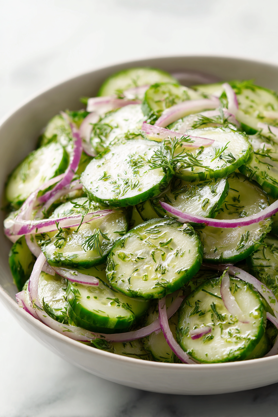 Add cucumbers and sliced onion to the bowl and mix them with the dressing