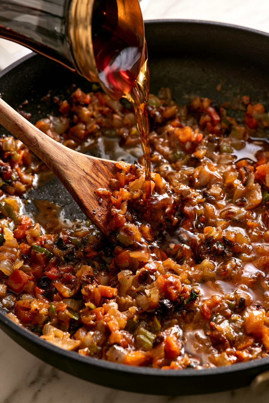 Add the Madeira or Sherry to deglaze the pan and scrape the bottom to get rid of the burned bits