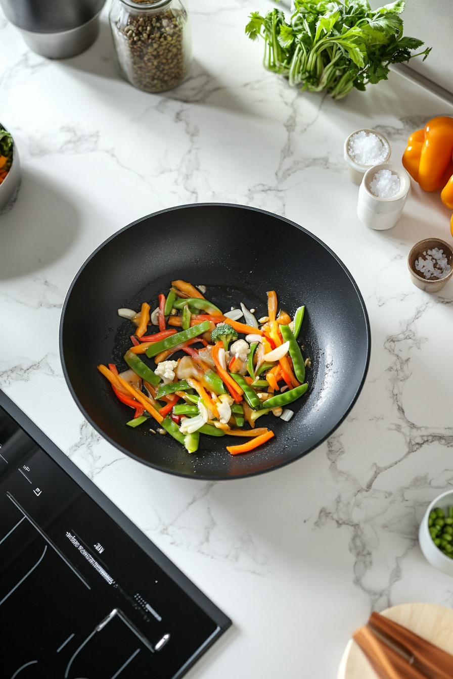 This image features cooked protein, such as shrimp, chicken, or tofu, being added to the stir-fried vegetables in the skillet and heated through for the noodle dish.