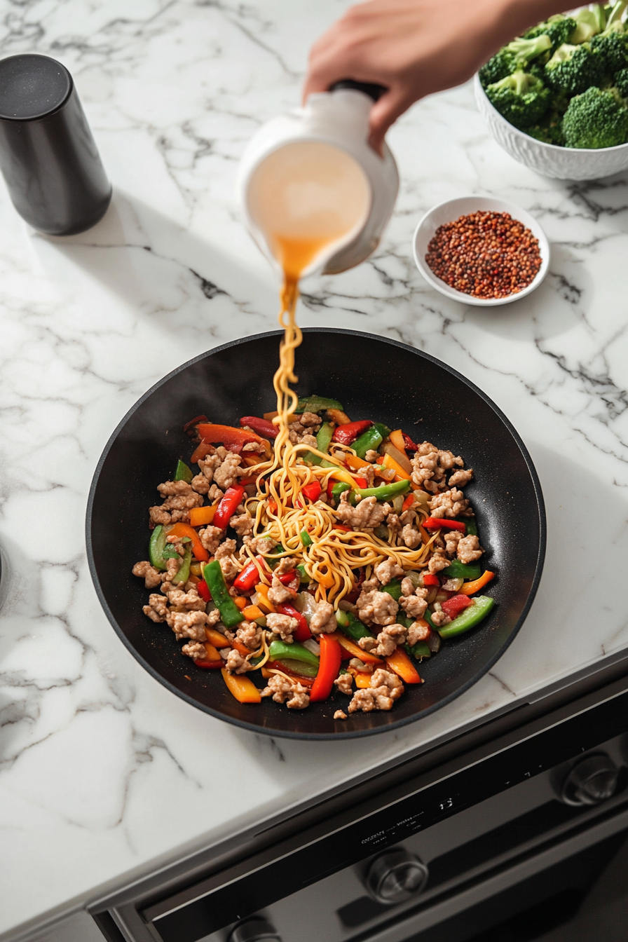 This image shows the cooked Trader Joe’s squiggly noodles being added to the skillet, with the prepared garlic soy sauce mixture being poured over the top, ready to be mixed with the vegetables and protein.