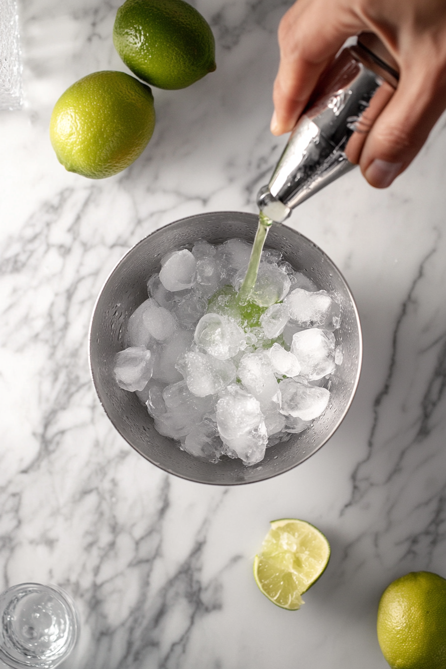 This image shows all the ingredients, including gin, green chartreuse, fresh lime juice, and simple syrup, being added to a cocktail shaker filled with ice to start making the Hemlock Drink.