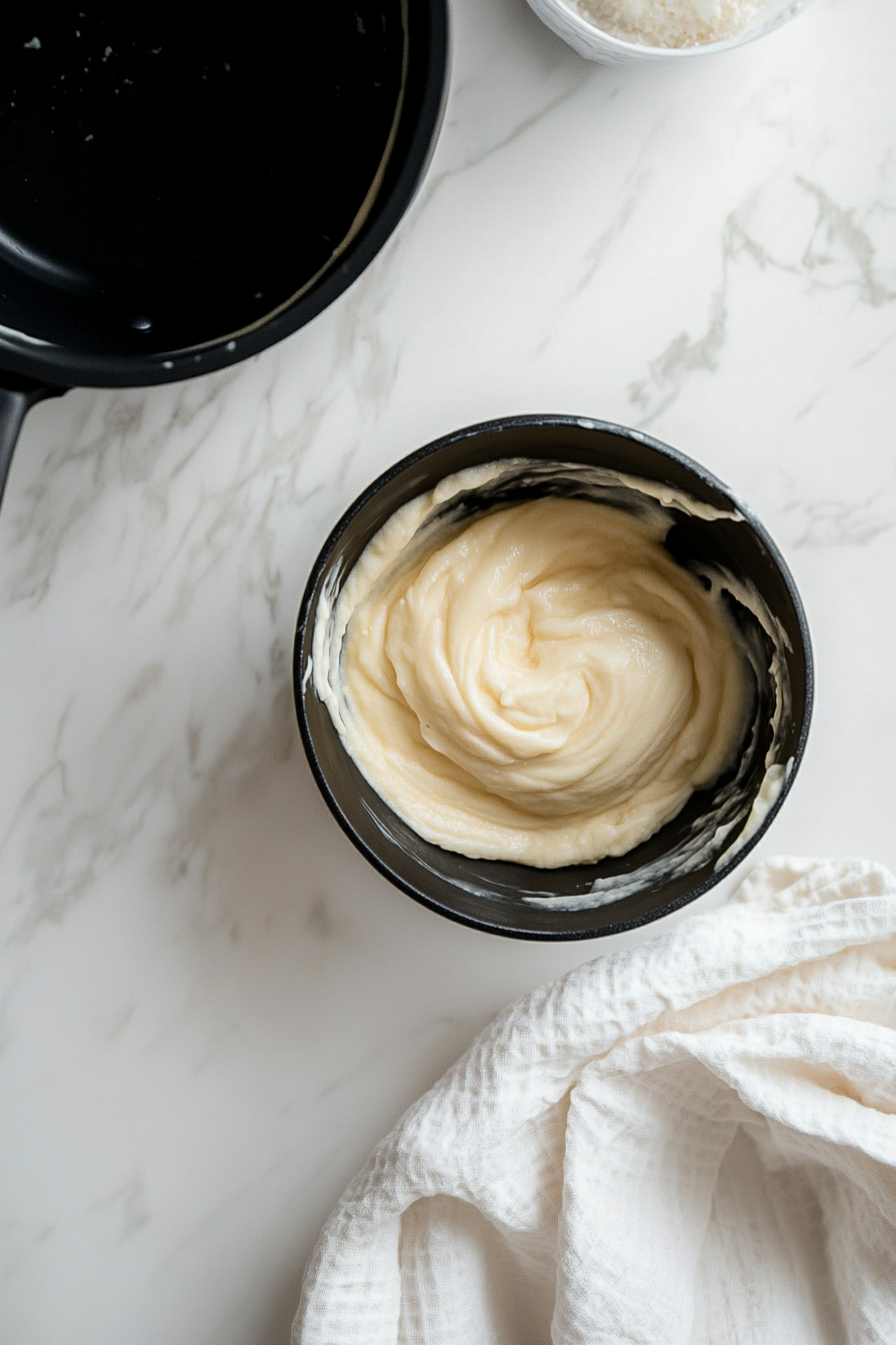 This image shows the pot with the heated oat milk ice cream mixture sitting on a countertop, allowing it to cool to room temperature before covering and placing it in the refrigerator for chilling.