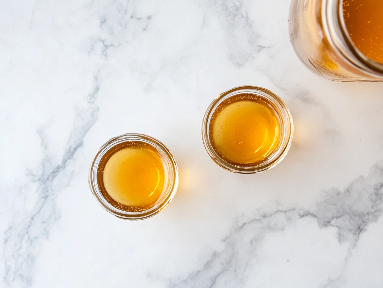 This image shows small shot glasses filled with apple cider vinegar shots, garnished with fresh lemon slices and ground ginger, ready to enjoy for a quick and healthy wellness boost.