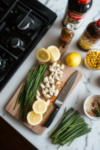 This image shows a variety of fresh ingredients such as mayonnaise, mustard, lemon juice, garlic, and spices neatly arranged on a kitchen counter, ready to be combined for making the crab cake sauce.