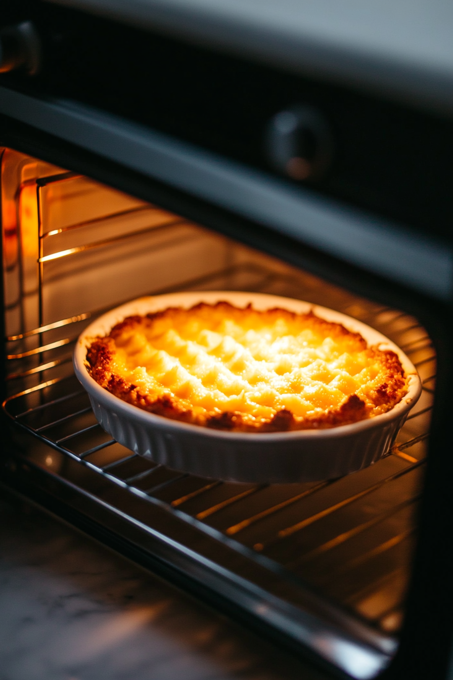 This image shows the cassava cake baking in the oven, with a golden crust beginning to form on top.