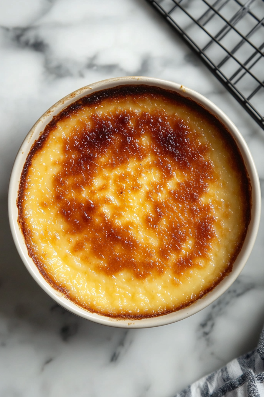 This image shows the cassava cake with its custard topping being baked to a perfect golden-brown finish in the oven.