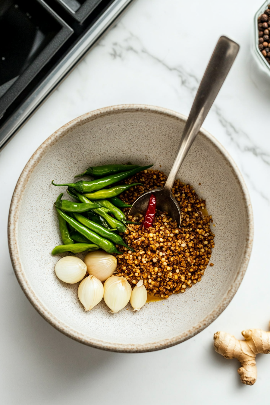 This image shows the paste ingredients, including shallots, garlic, ginger, peppercorns, and cumin seeds, being blended into a smooth, thick paste for the lamb soup preparation.