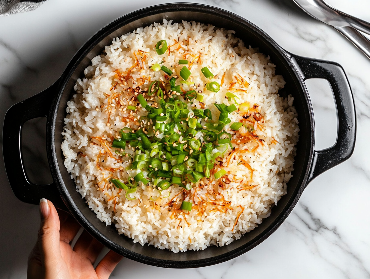 This image shows a large bowl of perfectly cooked Asian rice, garnished with green onions and served hot. The fluffy jasmine rice, mixed with soy sauce and sesame oil, is complemented by the fresh green onions and optional peas, ready to be enjoyed as a flavorful side dish.