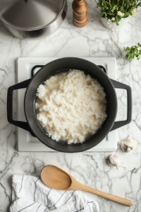 This image shows chicken stock and jasmine rice being brought to a rolling boil in a large pot, the beginning step of preparing a savory and flavorful side dish.