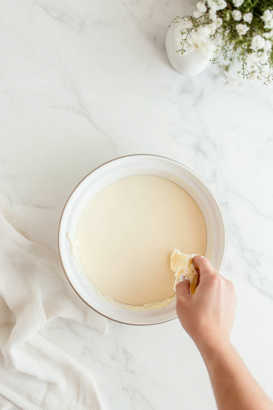 This image shows the baking dish being generously buttered to ensure that the cassava cake won’t stick to the sides during baking.