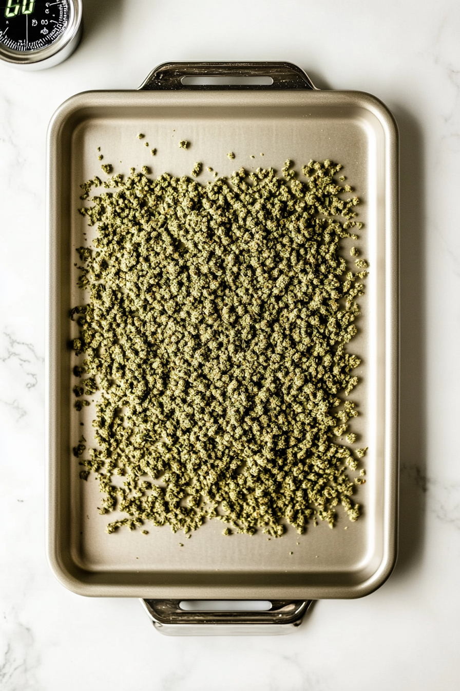 This image shows cannabis flower in the oven, baking at a low temperature to activate the THC, an essential step for making potent cannabutter.