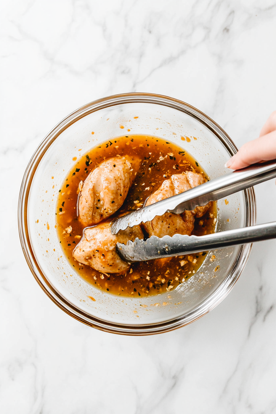 This image shows boneless skinless chicken breasts being submerged in a mixture of pickle juice and spices in a large bowl, preparing them for a flavorful and juicy result.