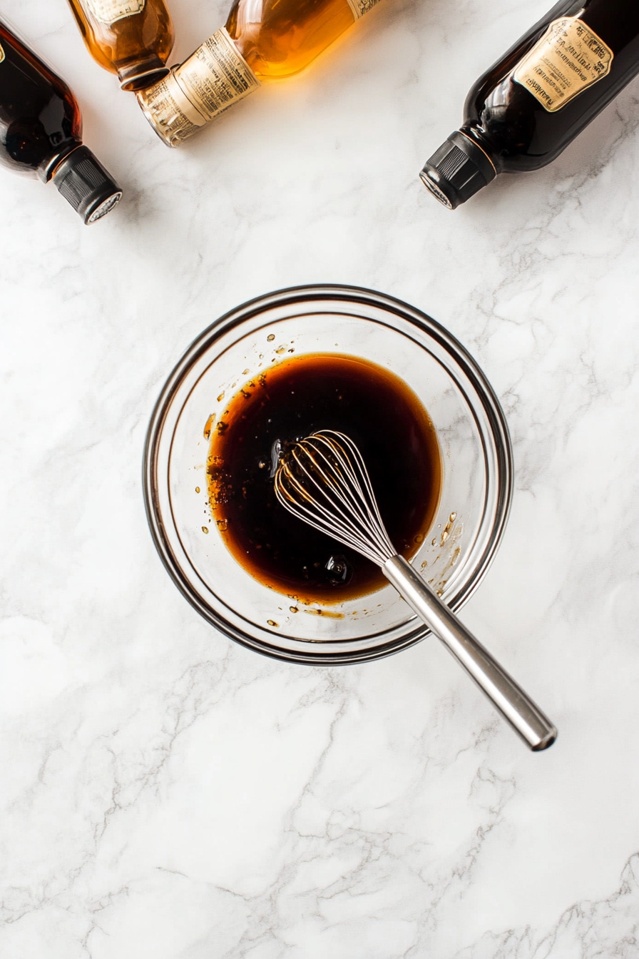 This image shows a small bowl filled with a mixture of dark soy sauce, teriyaki sauce, rice vinegar, and brown sugar being stirred together, creating a rich and flavorful sauce for the hibachi noodles.