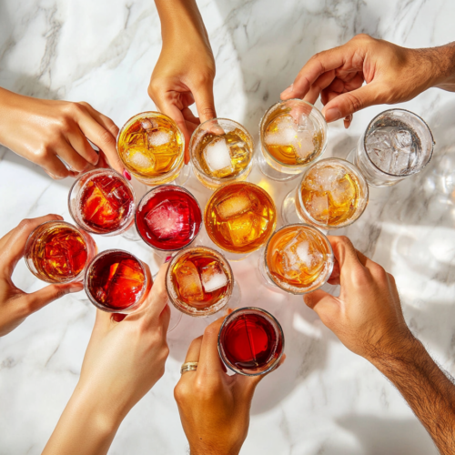 This image shows the completed Vegas Bomb Shot, with the shot glass submerged in Red Bull inside a tall glass, ready to be enjoyed. The vibrant colors and fizzing bubbles add to the excitement of this party drink.