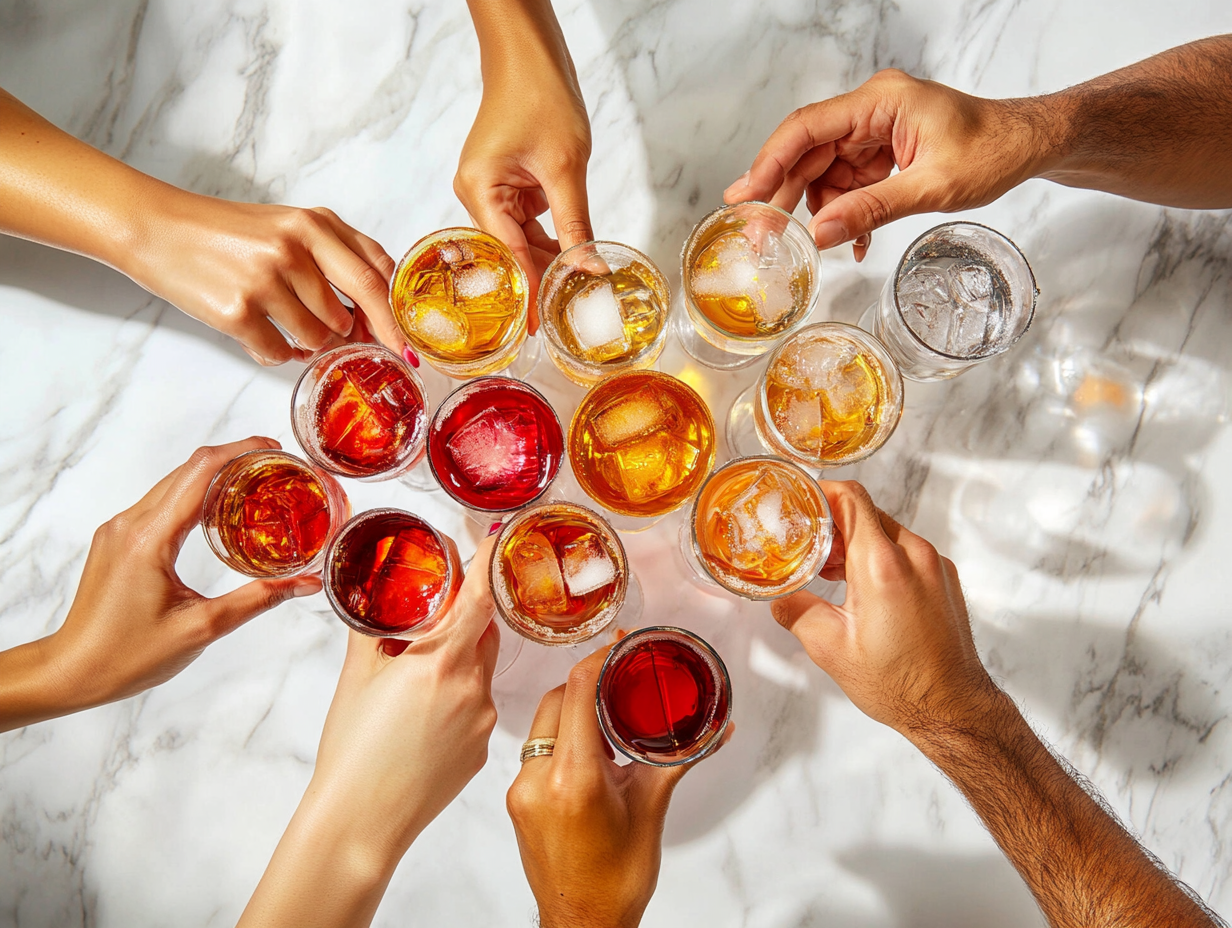 This image shows the completed Vegas Bomb Shot, with the shot glass submerged in Red Bull inside a tall glass, ready to be enjoyed. The vibrant colors and fizzing bubbles add to the excitement of this party drink.