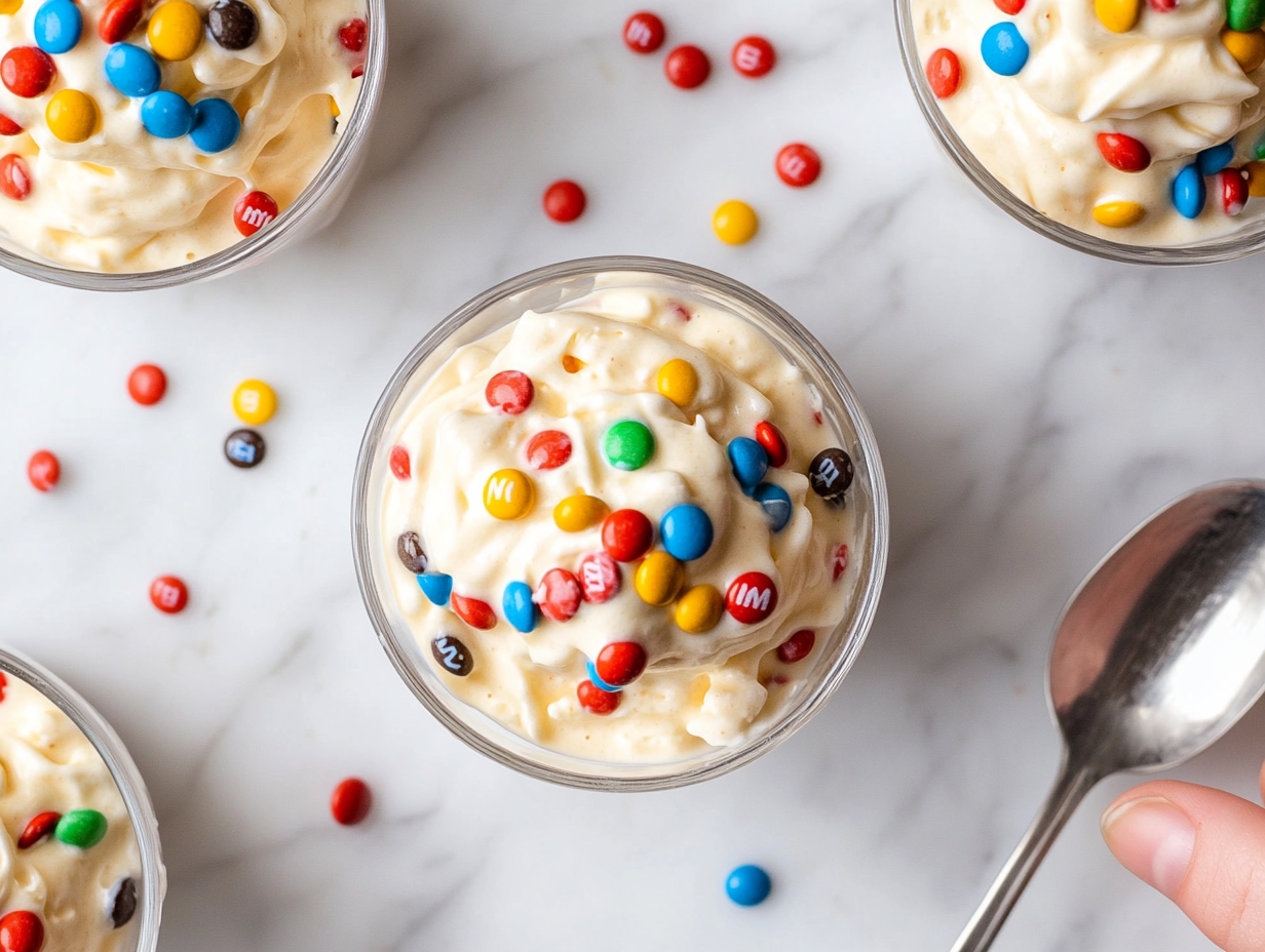 This image shows a freshly made homemade M&M McFlurry served in a cup, topped with extra mini M&M's for added crunch and color. The creamy ice cream mixture and vibrant candies create an irresistible dessert.