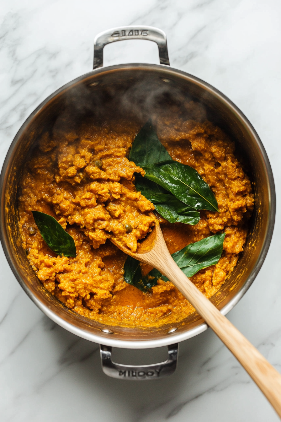 This image shows the blended paste, made from shallots, garlic, and spices, cooking in the pot to enhance the flavors of the lamb soup.