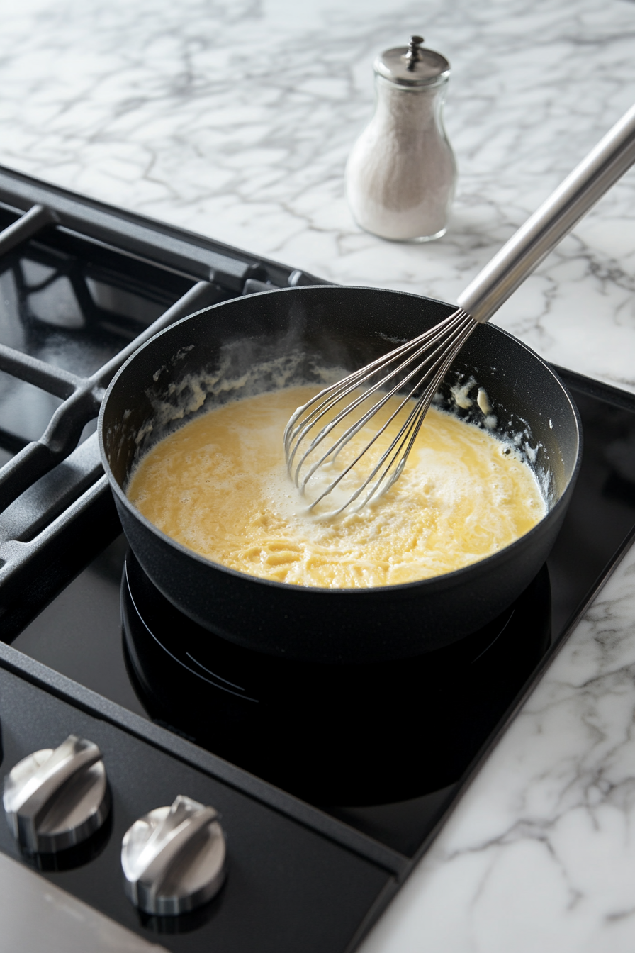 This image shows a pot on the stove with the oat milk ice cream mixture being heated over medium-low heat, where it is stirred continuously until it thickens and begins to gently boil, creating a custard-like consistency.