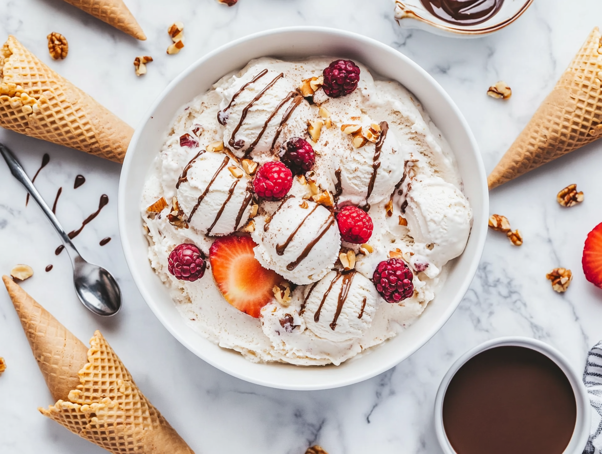 This image shows creamy oat milk ice cream elegantly served in bowls and cones, topped with colorful sprinkles and fruits, showcasing the delightful textures and flavors of this plant-based dessert.