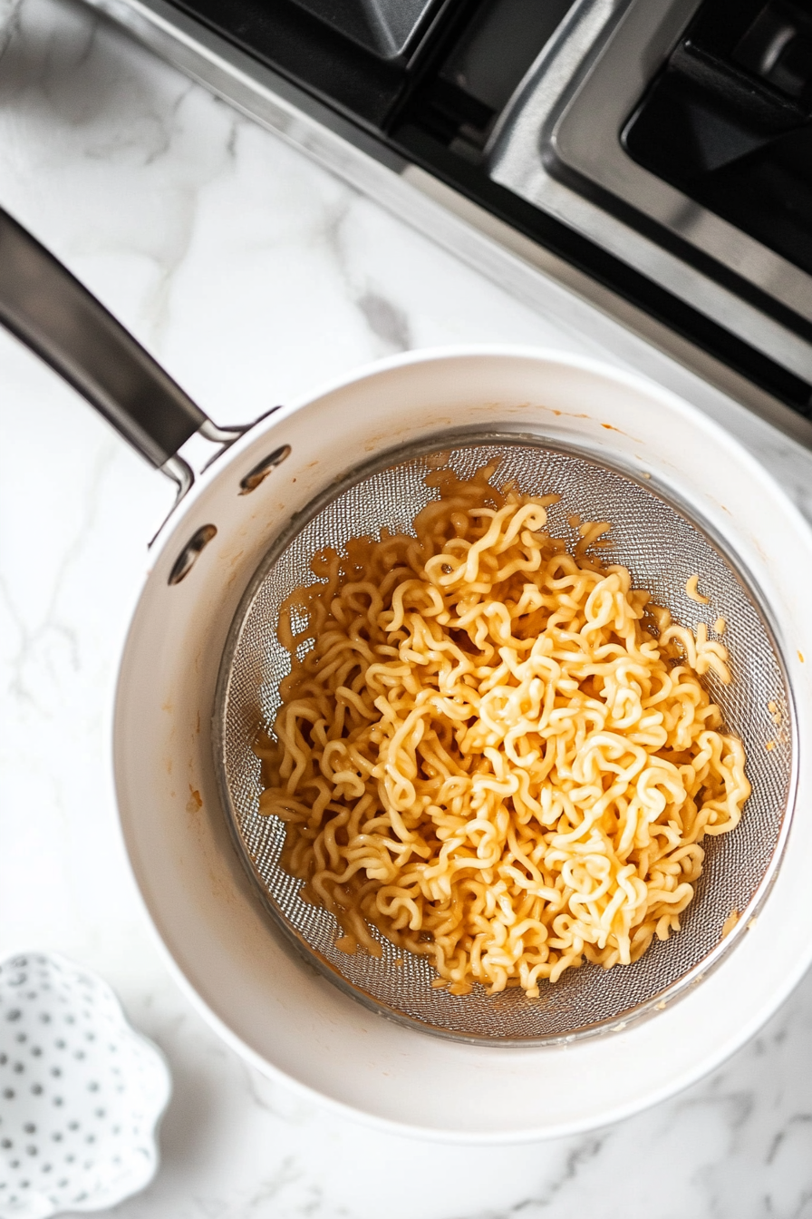 This image depicts the freshly cooked Trader Joe’s squiggly noodles being drained in a strainer or colander over a sink, removing the excess water and preparing them for the stir-fry.