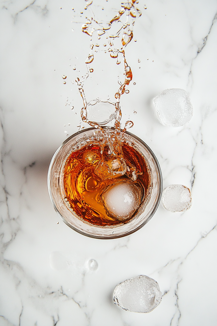 This image shows the shot glass, filled with the whiskey and fruit mixture, being carefully dropped into the glass of Red Bull, creating the iconic Vegas Bomb Shot with a fun fizzy explosion.