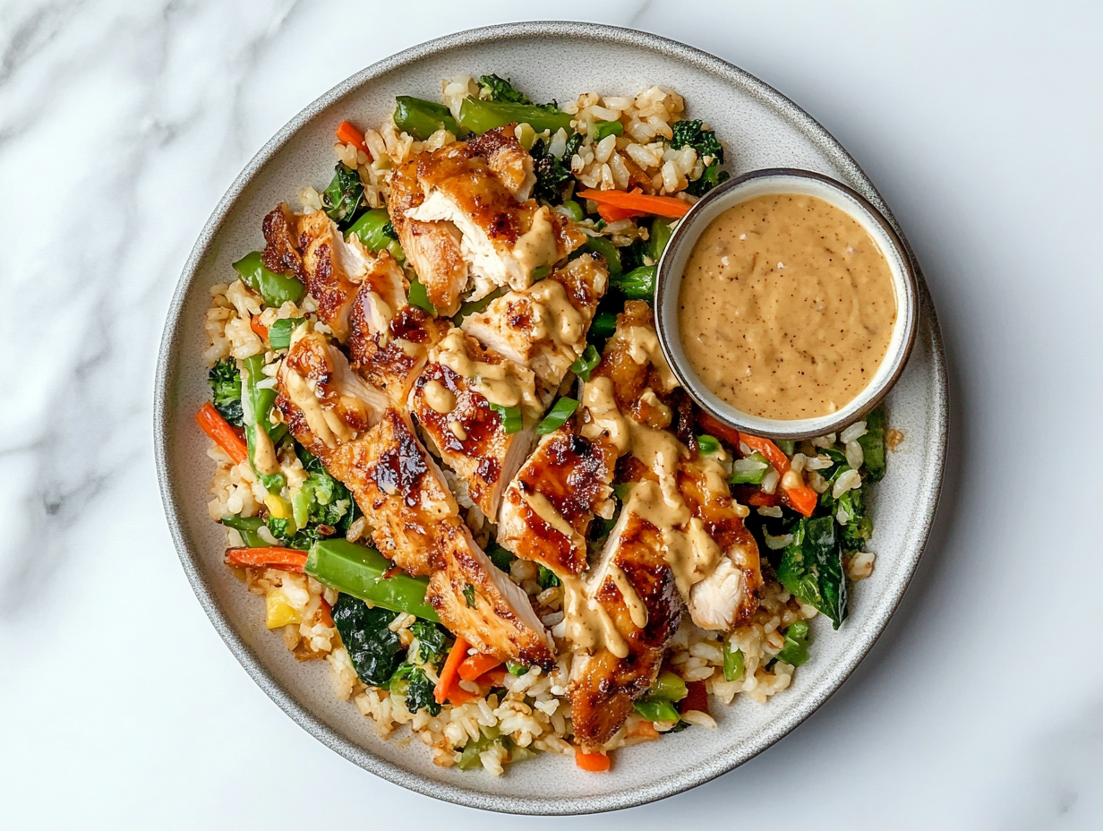 his image shows a beautifully presented plate of hibachi chicken, served with sautéed vegetables, fried rice, and a side of mustard sauce, making a perfect homemade Japanese meal.