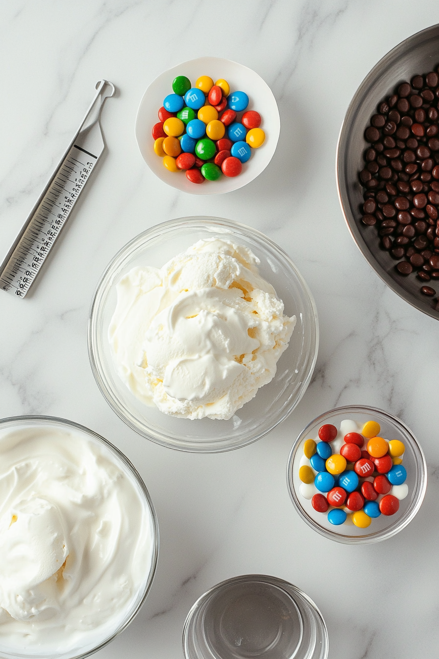 This image shows the key ingredients for the homemade M&M McFlurry, including vanilla ice cream, cool whip, milk, and mini M&M's, ready to be blended into a delicious dessert.