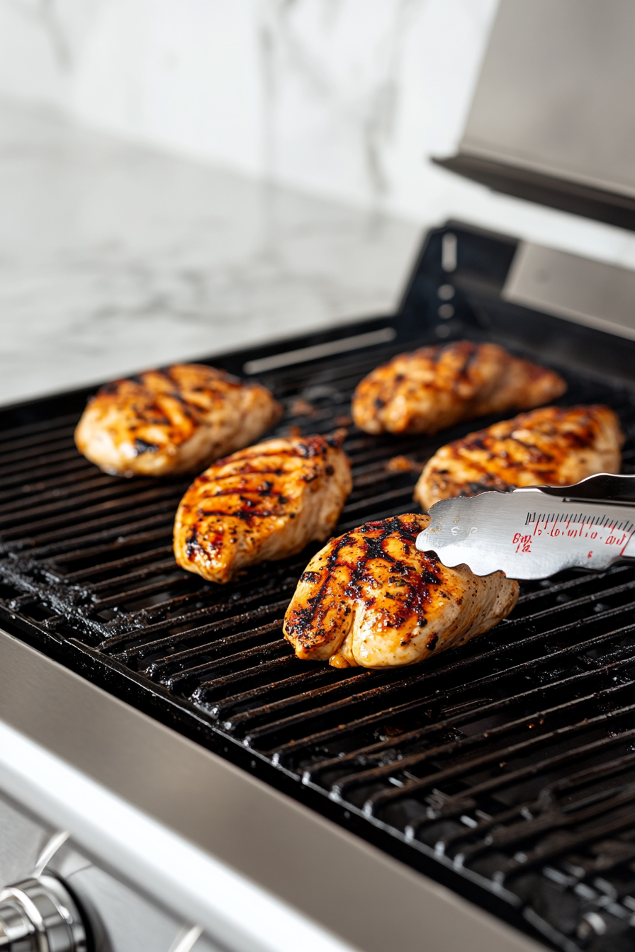 Grilling marinated chicken breasts on a hot grill for even cooking