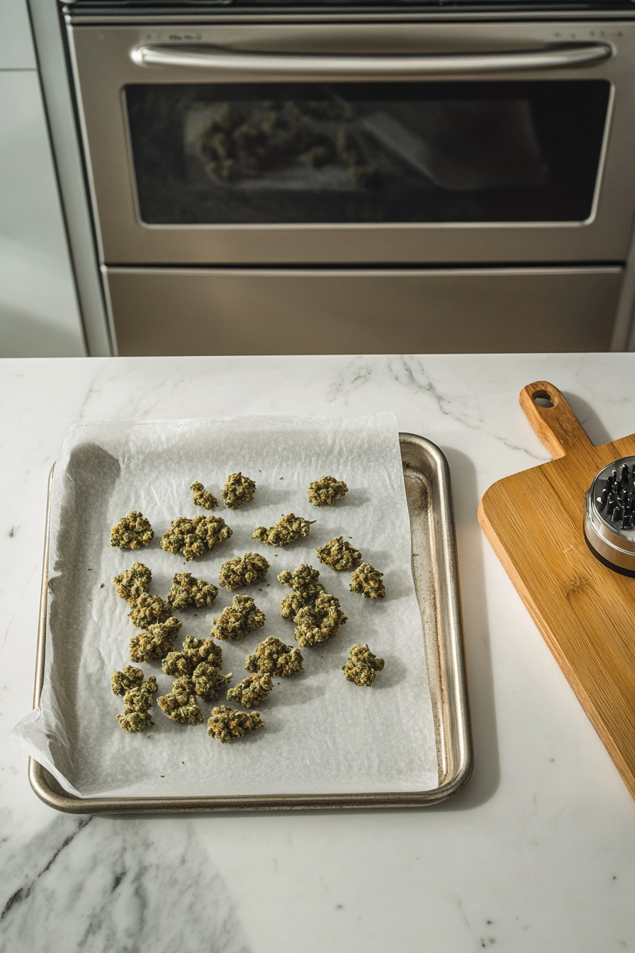 This image shows ground cannabis flower being spread evenly across a parchment-lined baking sheet, getting ready for the decarboxylation process in the oven.