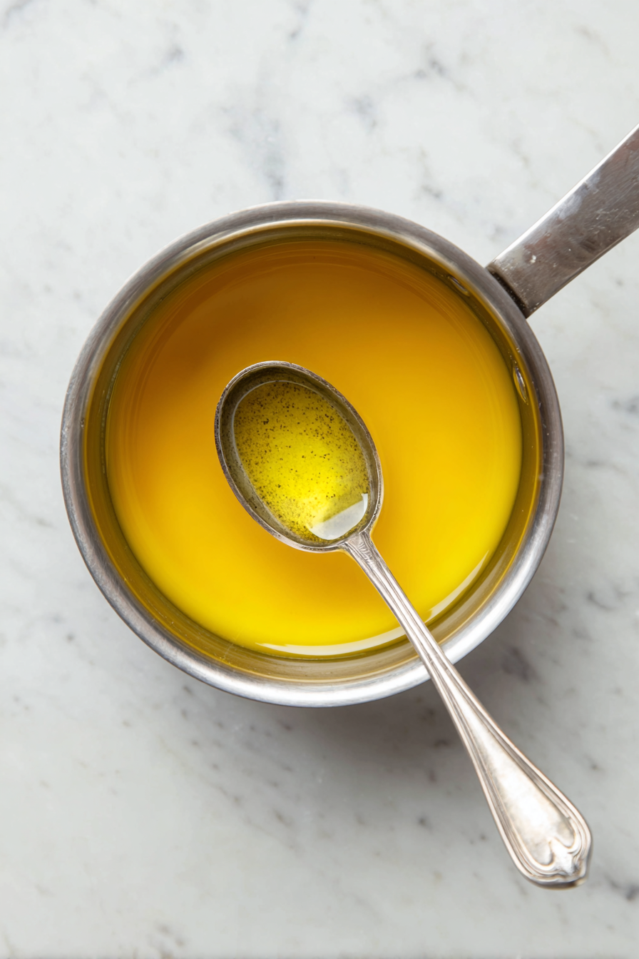 Heat olive oil in a pot until it's warm. Take it off the heat and carefully mix in the garlic-orange juice mix. Let it cool before using it to marinate the pork.