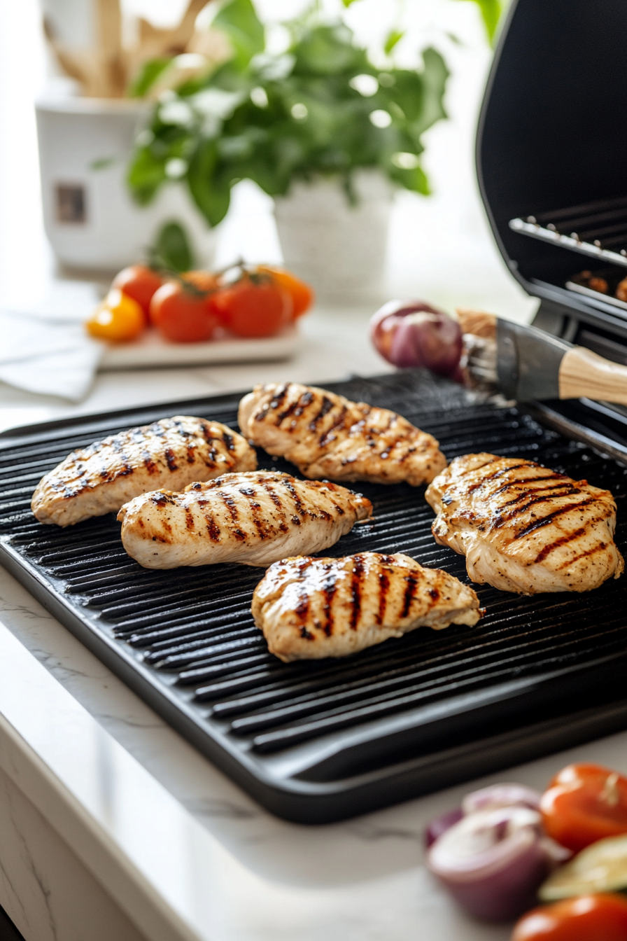 This image shows a grill being prepped by heating it to 350 degrees Fahrenheit and lightly oiling the grates to prevent sticking before grilling the marinated chicken.