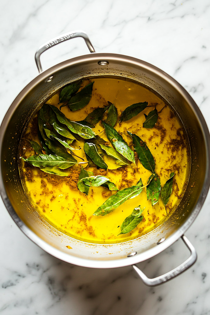 This image shows oil being heated in a pot with turmeric and curry leaves, releasing fragrant spices for the lamb soup base.