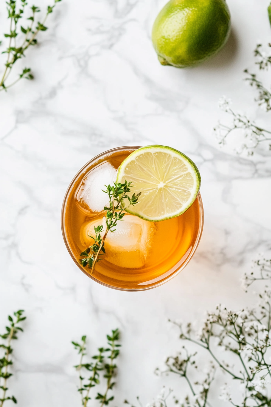 This image shows the completed Hemlock Drink beautifully presented in a highball glass, garnished with a lime wheel and a sprig of fresh herbs for an elegant finishing touch.