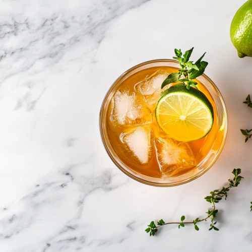 This image shows the Hemlock Drink in its final form, served in a highball glass with a lime wheel and fresh herbs, showcasing its vibrant color and sophisticated presentation perfect for cocktail lovers.