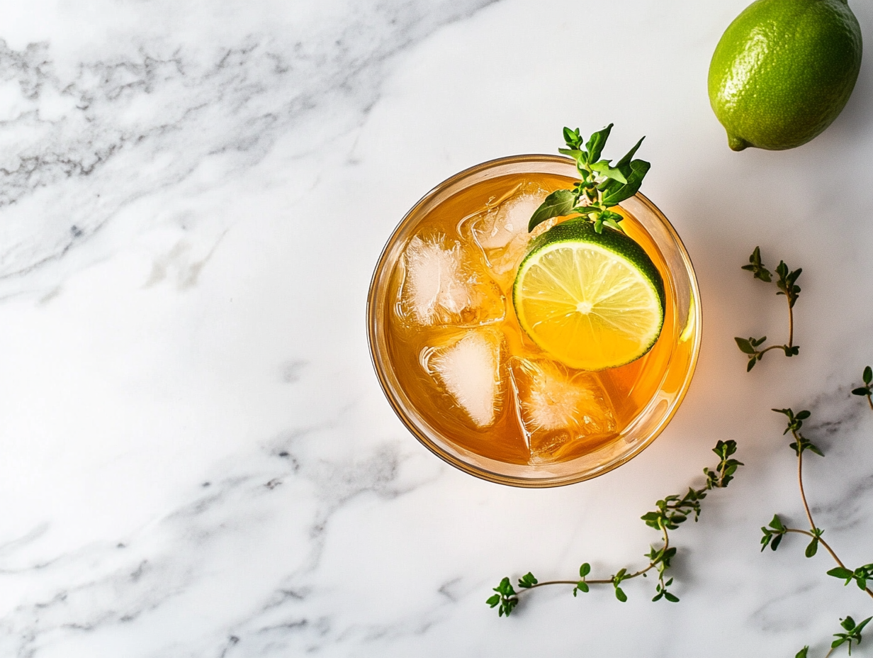 This image shows the Hemlock Drink in its final form, served in a highball glass with a lime wheel and fresh herbs, showcasing its vibrant color and sophisticated presentation perfect for cocktail lovers.