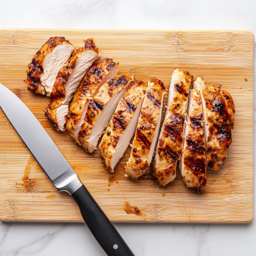 This image shows beautifully grilled pickle juice marinated chicken breasts, sliced and served on a platter. The golden-brown chicken looks juicy and flavorful, with a slight char from the grill, ready to be enjoyed as a delicious main course.