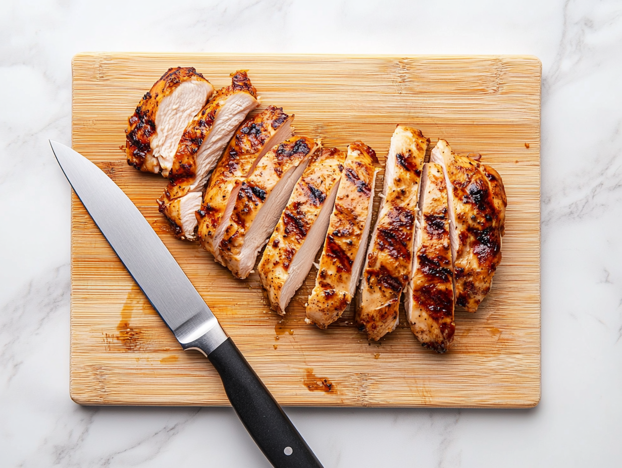 This image shows beautifully grilled pickle juice marinated chicken breasts, sliced and served on a platter. The golden-brown chicken looks juicy and flavorful, with a slight char from the grill, ready to be enjoyed as a delicious main course.