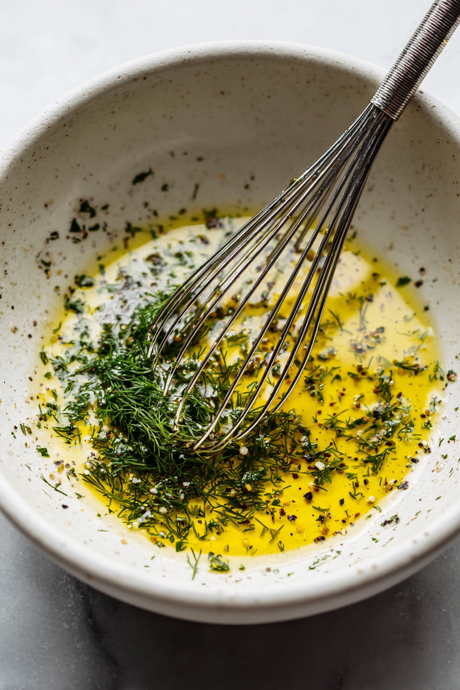Mix olive oil, vinegar, lemon juice, dill, parsley, salt, and pepper in a bowl.