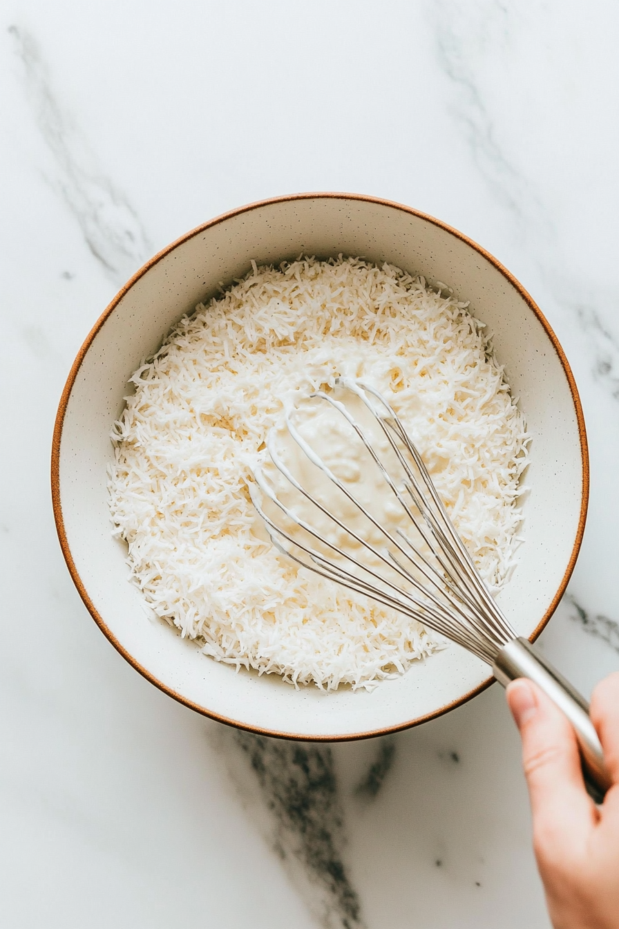 This image shows all the ingredients for the cassava cake, including grated cassava, coconut milk, and condensed milk, being mixed together in a large bowl until smooth.