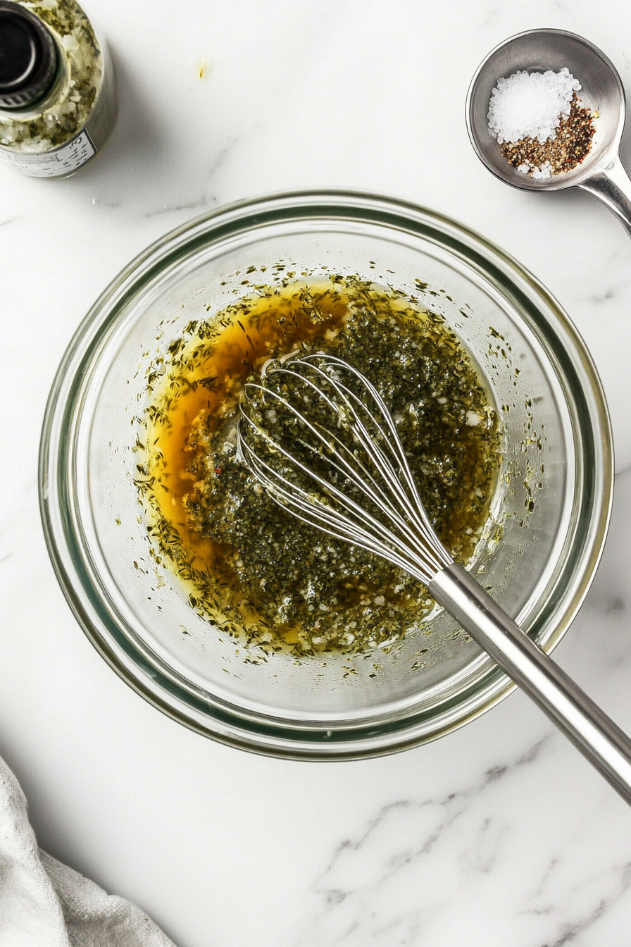 This image shows a large bowl filled with dill pickle juice, brown sugar, salt, black pepper, and red pepper flakes being mixed together to create a flavorful marinade for chicken.