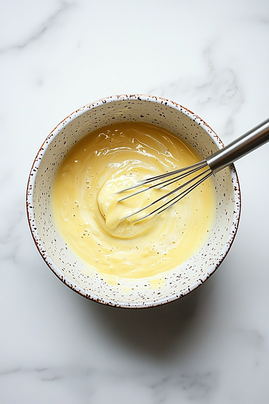 This image shows the preparation of the custard topping, with egg yolks, evaporated milk, and sugar being whisked together in a bowl.