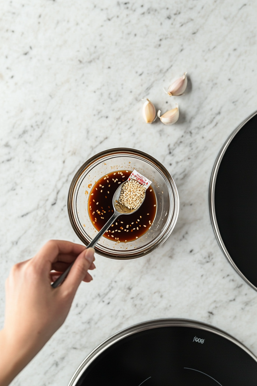 This image shows a small bowl where the garlic sauce from the noodle packet is being combined with soy sauce and sesame oil to create a flavorful sauce for the stir-fried noodles.