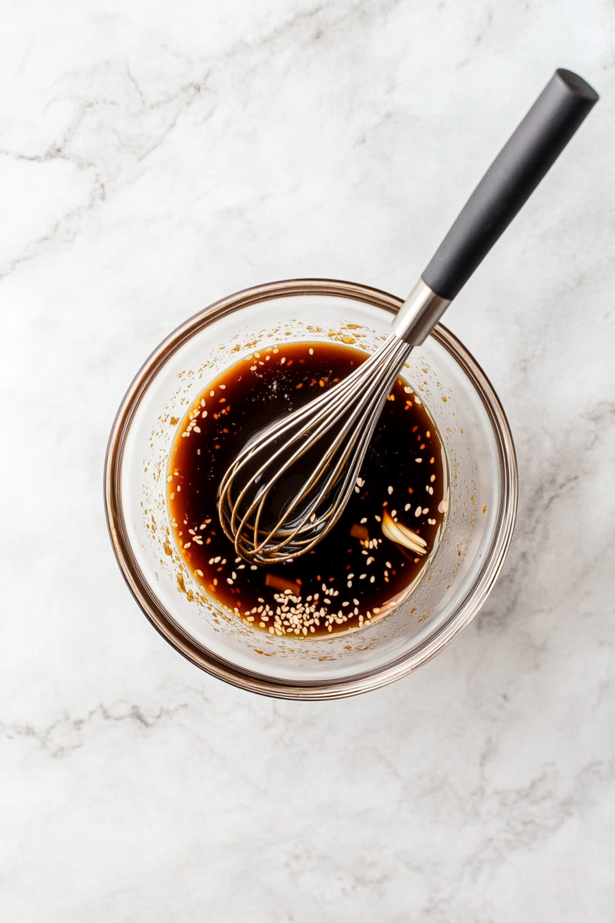 This image shows sesame oil, soy sauce, hoisin sauce, minced garlic, and fresh minced ginger being mixed together in a small bowl, creating a rich and flavorful marinade for the diced chicken.