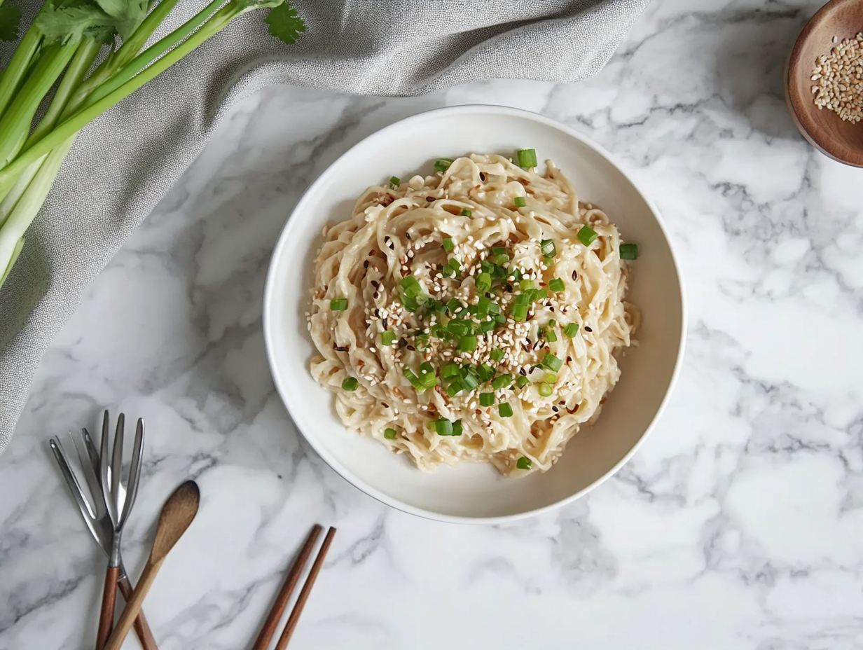 This image shows a plate of rich and buttery hibachi noodles, garnished with sesame seeds, highlighting the delicious textures and flavors that make this dish a perfect addition to any meal.