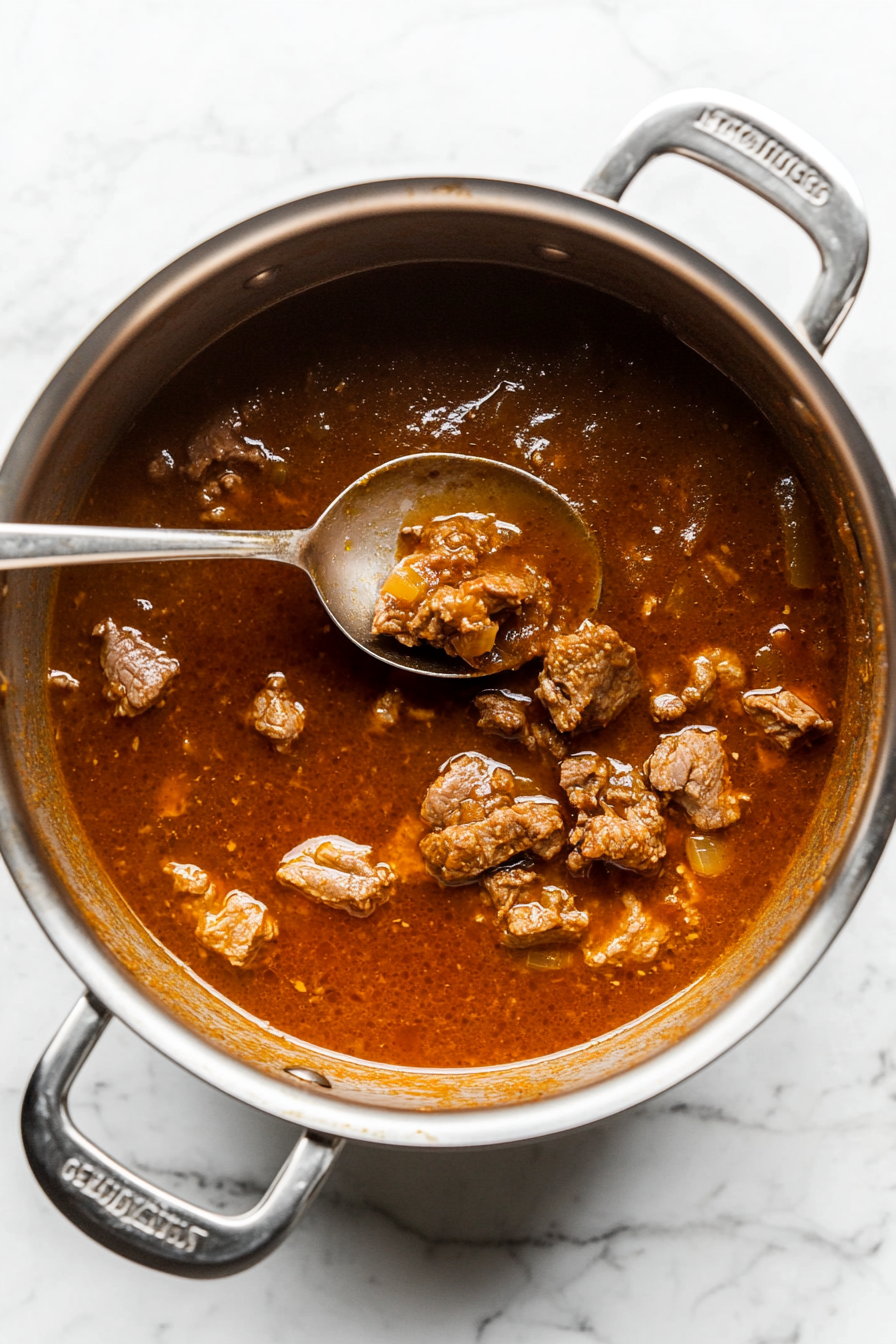 This image shows lamb stock being poured into the pot, followed by the addition of chopped lamb meat, creating the rich broth for the soup.