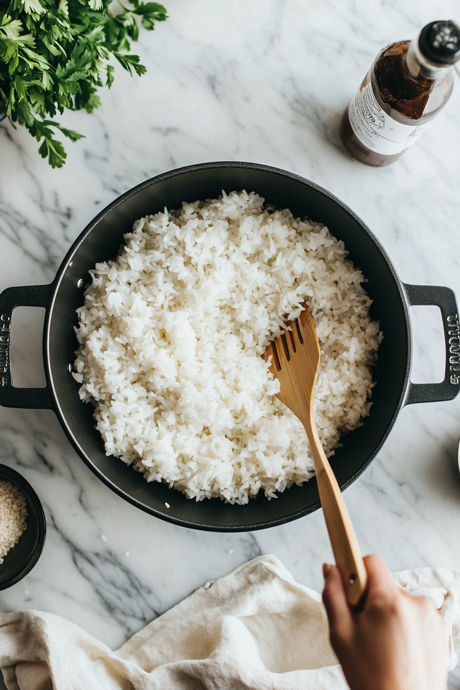 This image shows soy sauce and sesame oil being poured into the pot of cooked rice, adding a rich, savory taste to the fluffy jasmine rice.